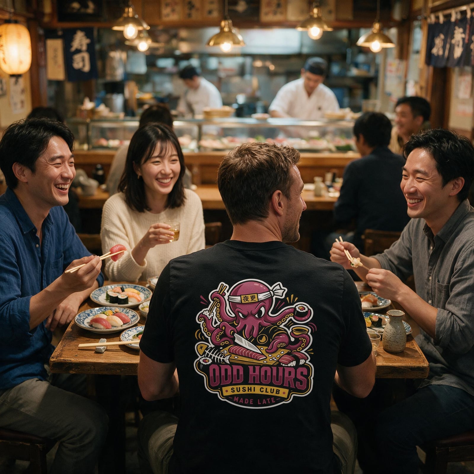 Odd Hours Sushi Club graphic tee at a restaurant